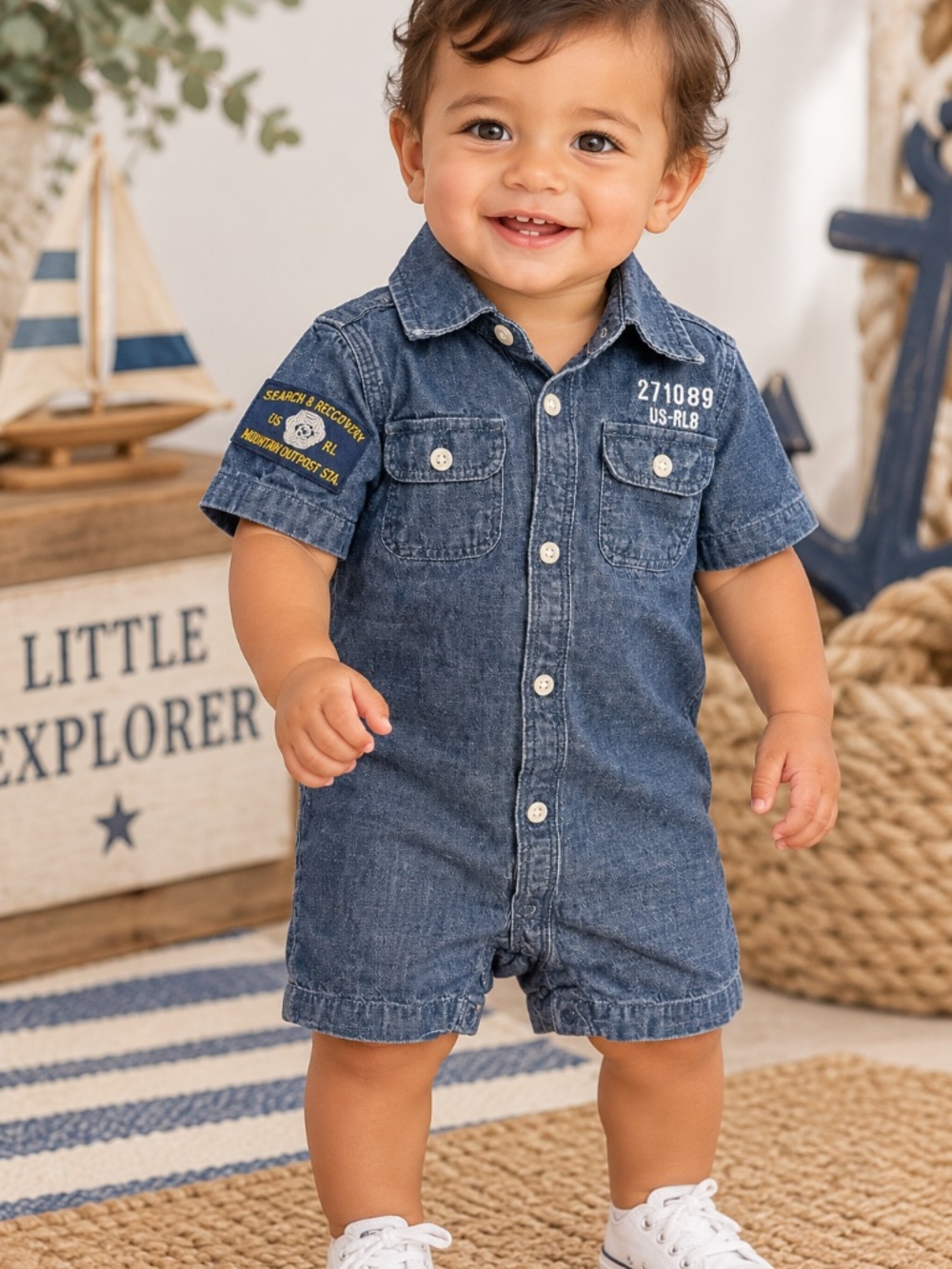 Ralph Lauren Baby Boy 9M Denim Chambray Military Patch Romper Search & Recovery